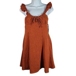 No Boundaries Crinkle Dress Rust Brown Size 4 Small Ruffle Straps Scoop Neck NWT
